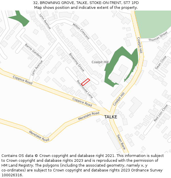32, BROWNING GROVE, TALKE, STOKE-ON-TRENT, ST7 1PD: Location map and indicative extent of plot