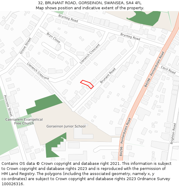 32, BRUNANT ROAD, GORSEINON, SWANSEA, SA4 4FL: Location map and indicative extent of plot