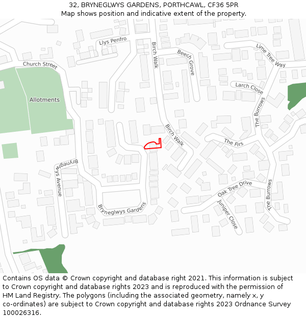 32, BRYNEGLWYS GARDENS, PORTHCAWL, CF36 5PR: Location map and indicative extent of plot