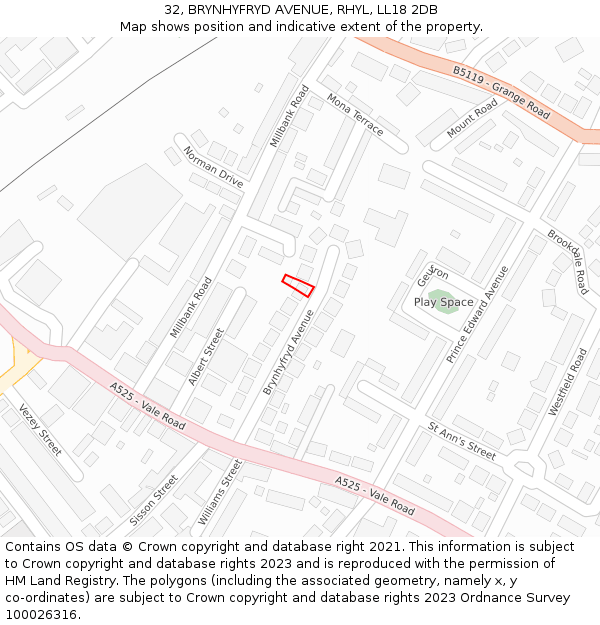 32, BRYNHYFRYD AVENUE, RHYL, LL18 2DB: Location map and indicative extent of plot