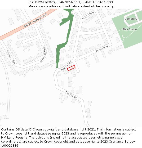 32, BRYNHYFRYD, LLANGENNECH, LLANELLI, SA14 8GB: Location map and indicative extent of plot