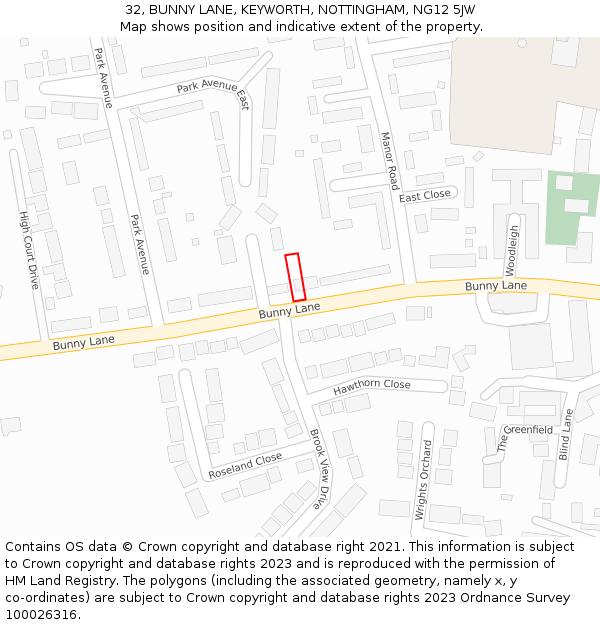 32, BUNNY LANE, KEYWORTH, NOTTINGHAM, NG12 5JW: Location map and indicative extent of plot