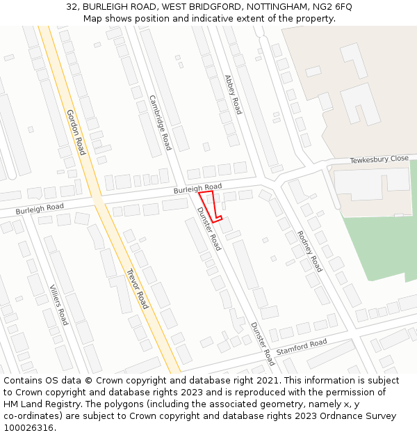 32, BURLEIGH ROAD, WEST BRIDGFORD, NOTTINGHAM, NG2 6FQ: Location map and indicative extent of plot