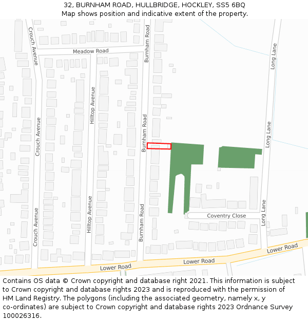 32, BURNHAM ROAD, HULLBRIDGE, HOCKLEY, SS5 6BQ: Location map and indicative extent of plot