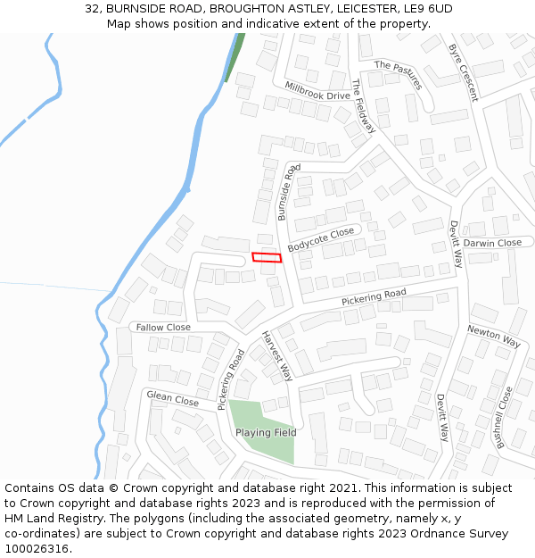 32, BURNSIDE ROAD, BROUGHTON ASTLEY, LEICESTER, LE9 6UD: Location map and indicative extent of plot