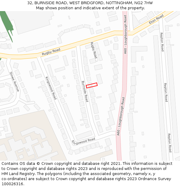 32, BURNSIDE ROAD, WEST BRIDGFORD, NOTTINGHAM, NG2 7HW: Location map and indicative extent of plot