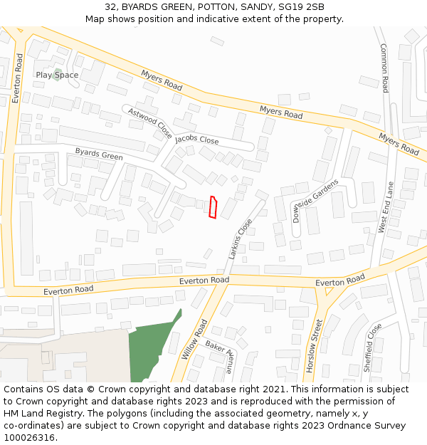 32, BYARDS GREEN, POTTON, SANDY, SG19 2SB: Location map and indicative extent of plot