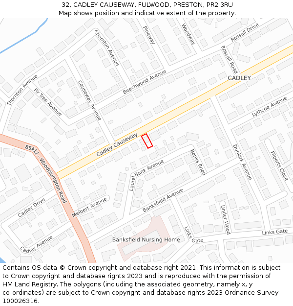 32, CADLEY CAUSEWAY, FULWOOD, PRESTON, PR2 3RU: Location map and indicative extent of plot