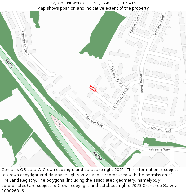 32, CAE NEWYDD CLOSE, CARDIFF, CF5 4TS: Location map and indicative extent of plot