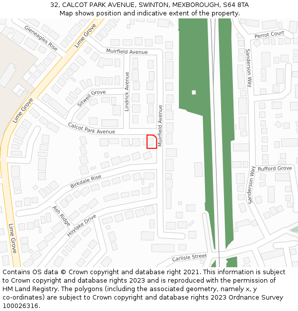 32, CALCOT PARK AVENUE, SWINTON, MEXBOROUGH, S64 8TA: Location map and indicative extent of plot