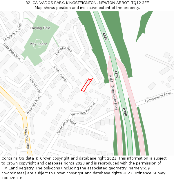 32, CALVADOS PARK, KINGSTEIGNTON, NEWTON ABBOT, TQ12 3EE: Location map and indicative extent of plot
