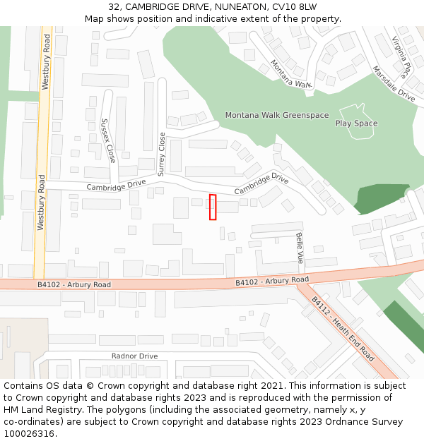 32, CAMBRIDGE DRIVE, NUNEATON, CV10 8LW: Location map and indicative extent of plot