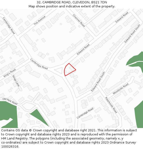 32, CAMBRIDGE ROAD, CLEVEDON, BS21 7DN: Location map and indicative extent of plot