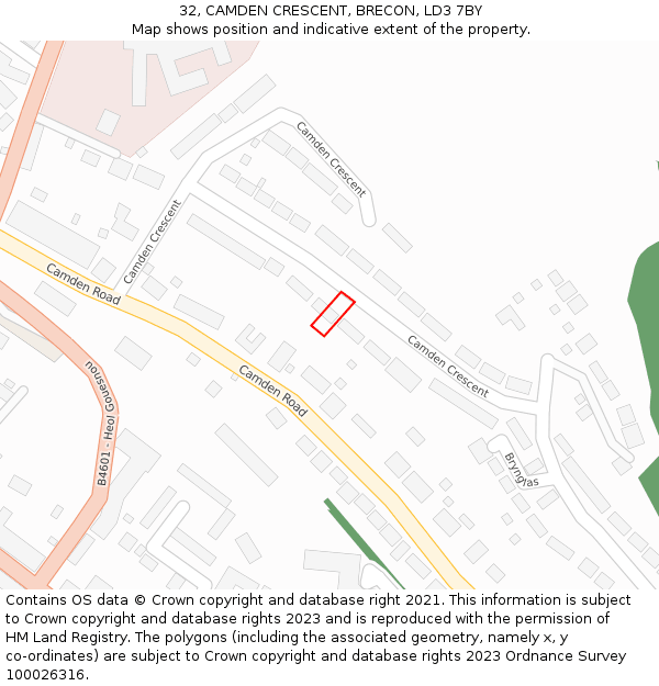 32, CAMDEN CRESCENT, BRECON, LD3 7BY: Location map and indicative extent of plot