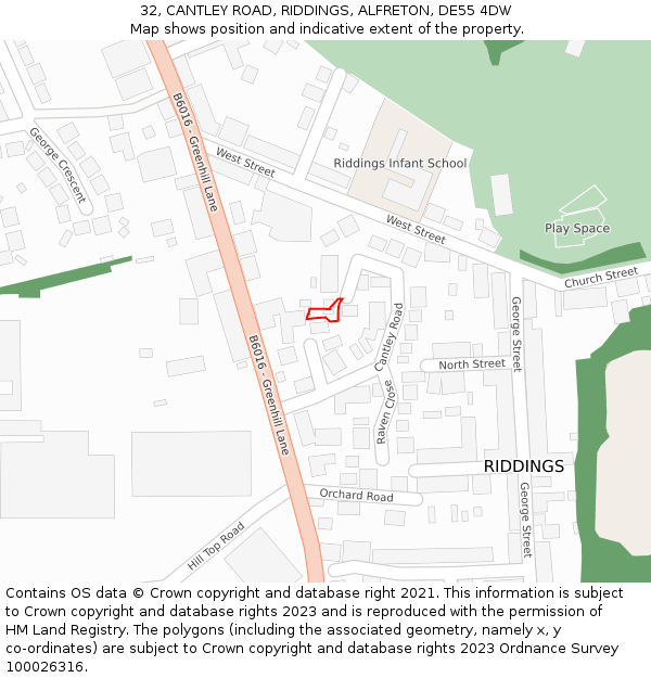 32, CANTLEY ROAD, RIDDINGS, ALFRETON, DE55 4DW: Location map and indicative extent of plot