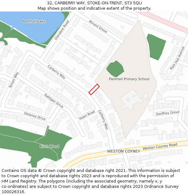 32, CARBERRY WAY, STOKE-ON-TRENT, ST3 5QU: Location map and indicative extent of plot