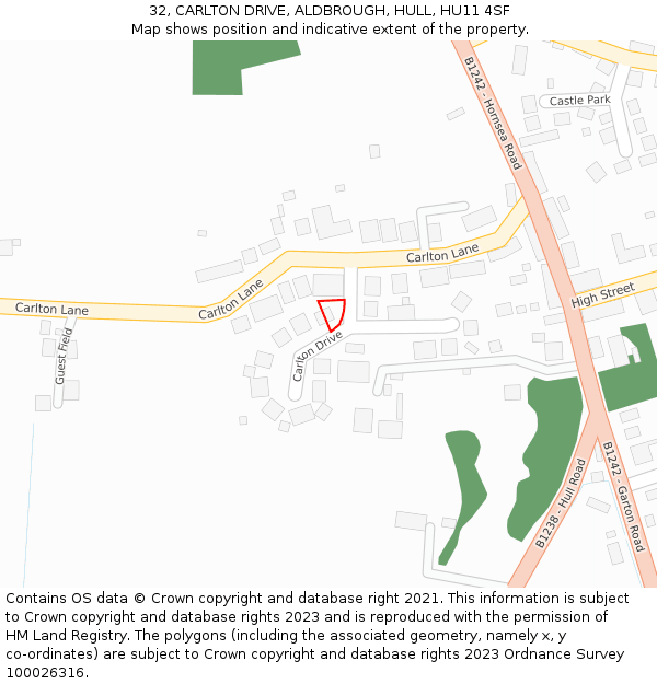 32, CARLTON DRIVE, ALDBROUGH, HULL, HU11 4SF: Location map and indicative extent of plot