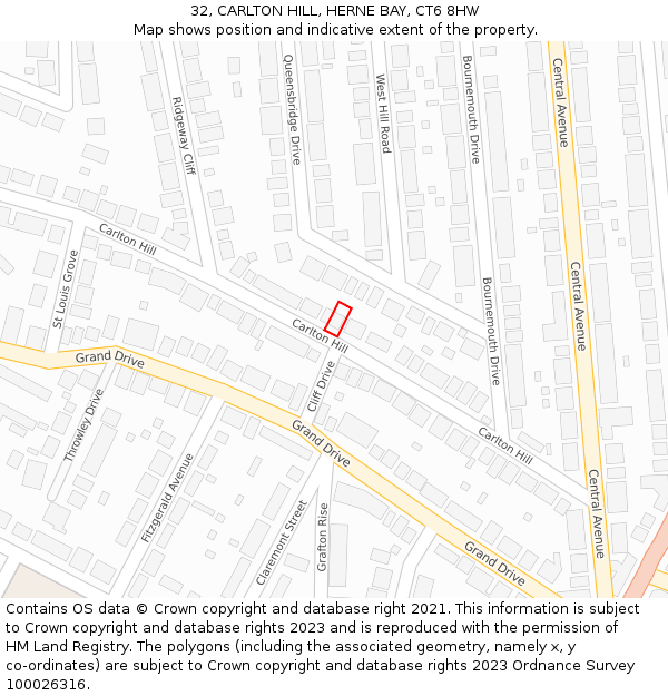 32, CARLTON HILL, HERNE BAY, CT6 8HW: Location map and indicative extent of plot
