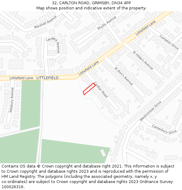 32, CARLTON ROAD, GRIMSBY, DN34 4PP: Location map and indicative extent of plot