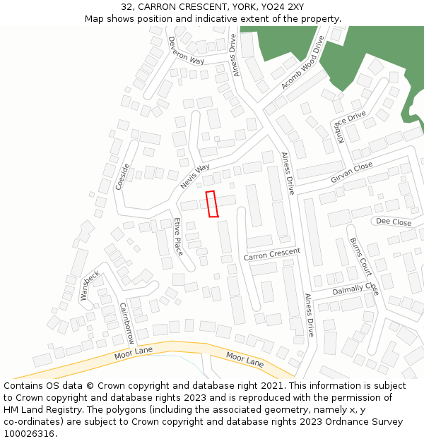 32, CARRON CRESCENT, YORK, YO24 2XY: Location map and indicative extent of plot