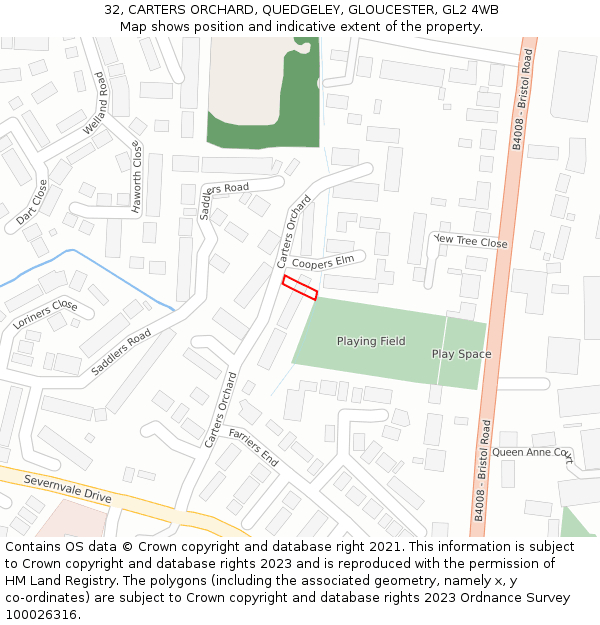 32, CARTERS ORCHARD, QUEDGELEY, GLOUCESTER, GL2 4WB: Location map and indicative extent of plot