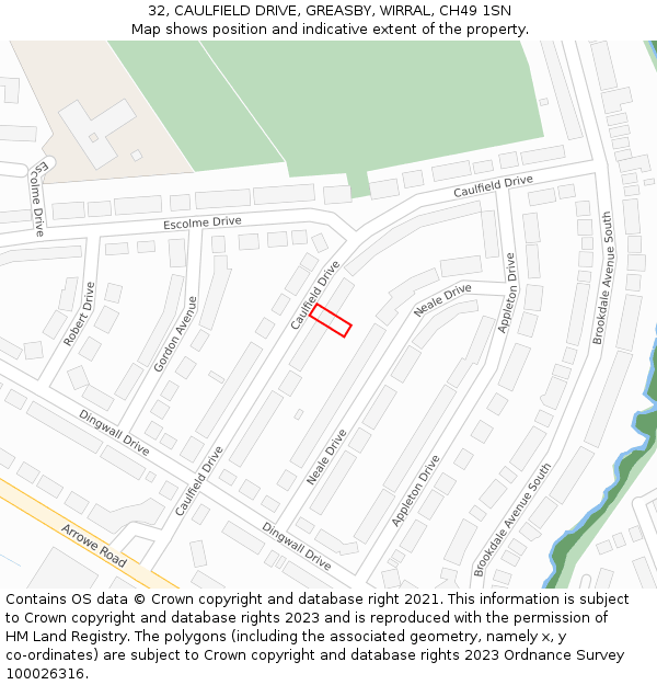 32, CAULFIELD DRIVE, GREASBY, WIRRAL, CH49 1SN: Location map and indicative extent of plot