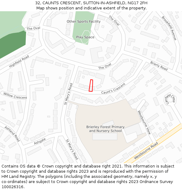 32, CAUNTS CRESCENT, SUTTON-IN-ASHFIELD, NG17 2FH: Location map and indicative extent of plot