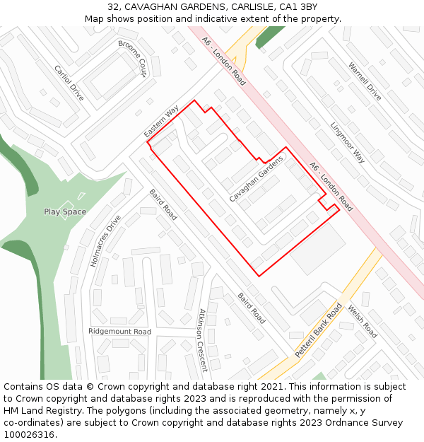 32, CAVAGHAN GARDENS, CARLISLE, CA1 3BY: Location map and indicative extent of plot