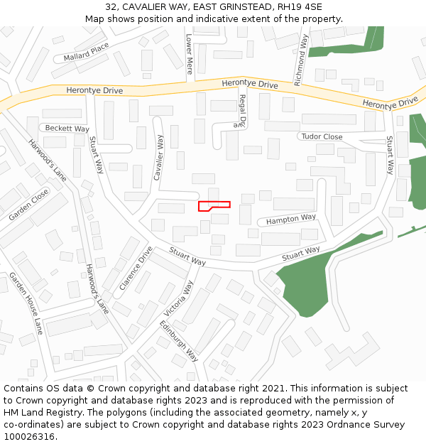 32, CAVALIER WAY, EAST GRINSTEAD, RH19 4SE: Location map and indicative extent of plot