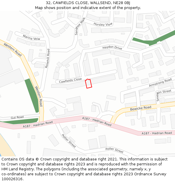 32, CAWFIELDS CLOSE, WALLSEND, NE28 0BJ: Location map and indicative extent of plot