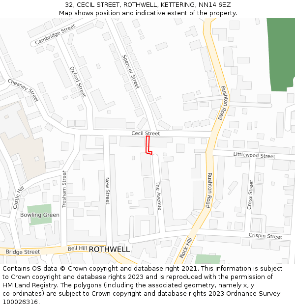 32, CECIL STREET, ROTHWELL, KETTERING, NN14 6EZ: Location map and indicative extent of plot