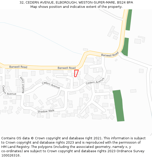 32, CEDERN AVENUE, ELBOROUGH, WESTON-SUPER-MARE, BS24 8PA: Location map and indicative extent of plot