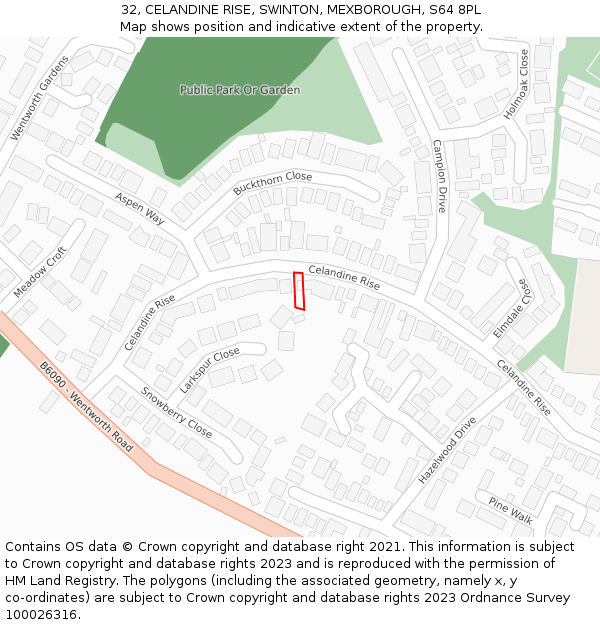 32, CELANDINE RISE, SWINTON, MEXBOROUGH, S64 8PL: Location map and indicative extent of plot