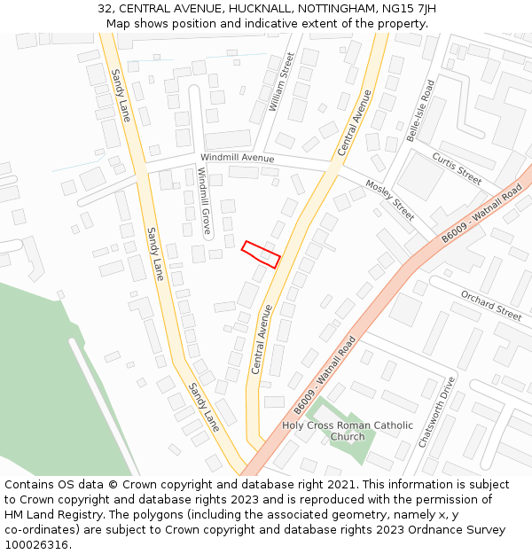 32, CENTRAL AVENUE, HUCKNALL, NOTTINGHAM, NG15 7JH: Location map and indicative extent of plot