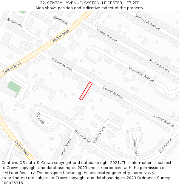 32, CENTRAL AVENUE, SYSTON, LEICESTER, LE7 2EE: Location map and indicative extent of plot