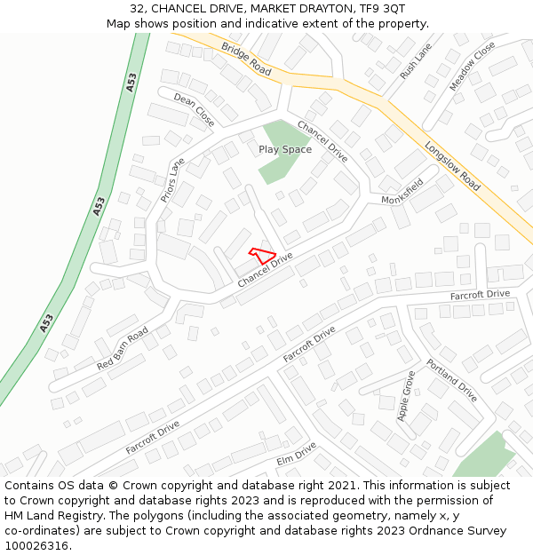 32, CHANCEL DRIVE, MARKET DRAYTON, TF9 3QT: Location map and indicative extent of plot