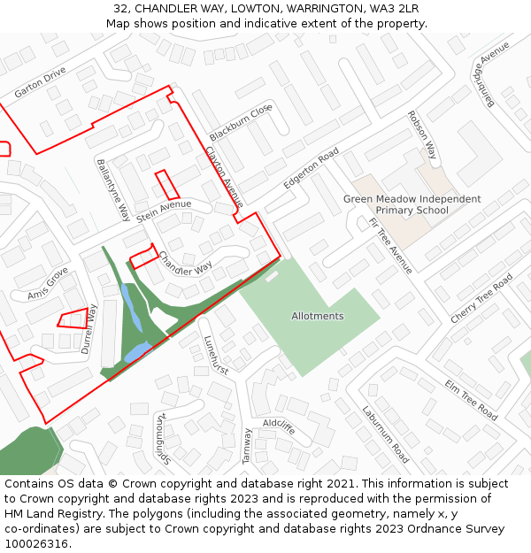 32, CHANDLER WAY, LOWTON, WARRINGTON, WA3 2LR: Location map and indicative extent of plot