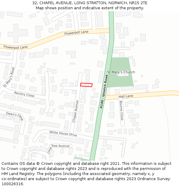 32, CHAPEL AVENUE, LONG STRATTON, NORWICH, NR15 2TE: Location map and indicative extent of plot