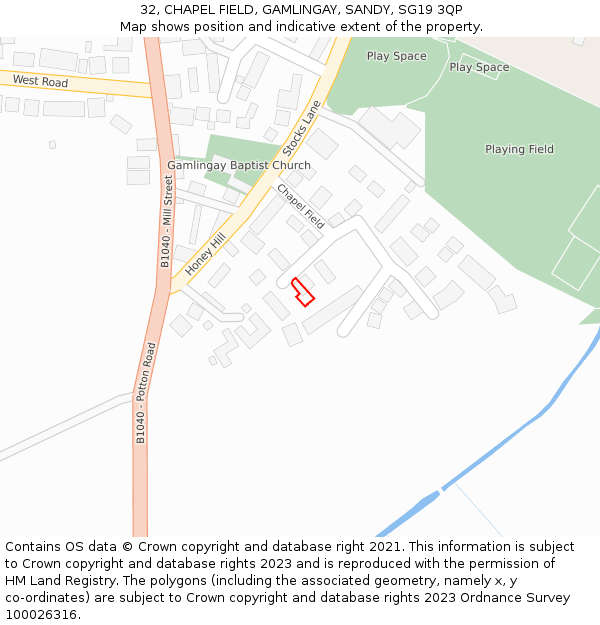 32, CHAPEL FIELD, GAMLINGAY, SANDY, SG19 3QP: Location map and indicative extent of plot