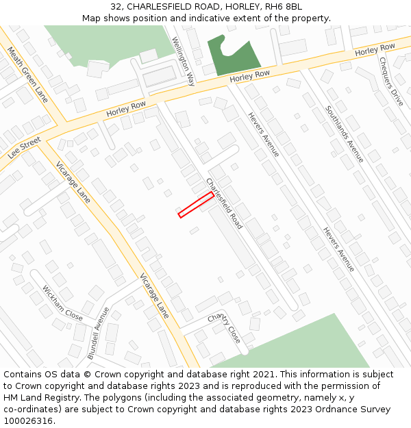 32, CHARLESFIELD ROAD, HORLEY, RH6 8BL: Location map and indicative extent of plot