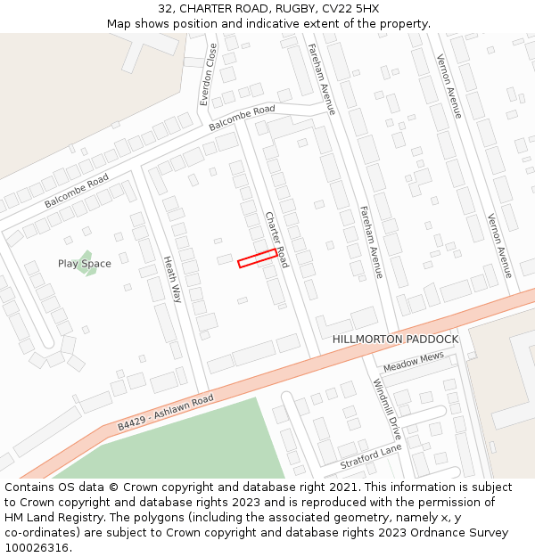 32, CHARTER ROAD, RUGBY, CV22 5HX: Location map and indicative extent of plot