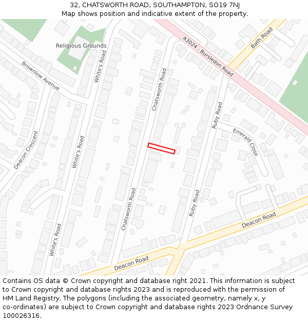 32, CHATSWORTH ROAD, SOUTHAMPTON, SO19 7NJ: Location map and indicative extent of plot