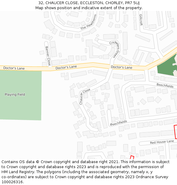 32, CHAUCER CLOSE, ECCLESTON, CHORLEY, PR7 5UJ: Location map and indicative extent of plot