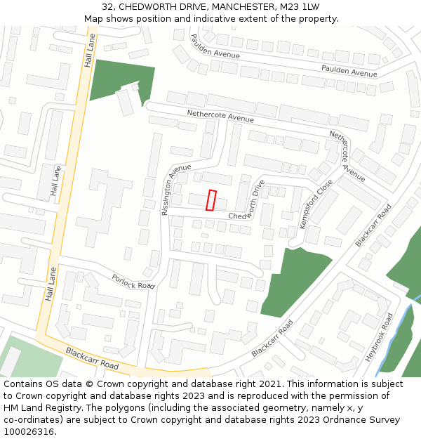 32, CHEDWORTH DRIVE, MANCHESTER, M23 1LW: Location map and indicative extent of plot