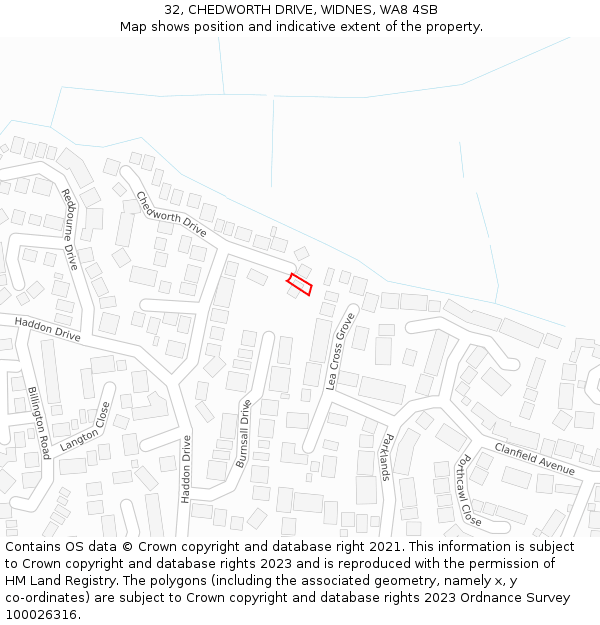 32, CHEDWORTH DRIVE, WIDNES, WA8 4SB: Location map and indicative extent of plot