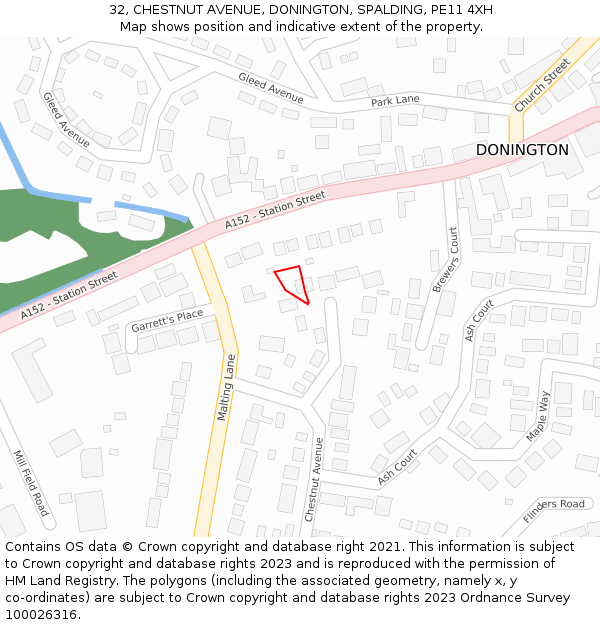 32, CHESTNUT AVENUE, DONINGTON, SPALDING, PE11 4XH: Location map and indicative extent of plot