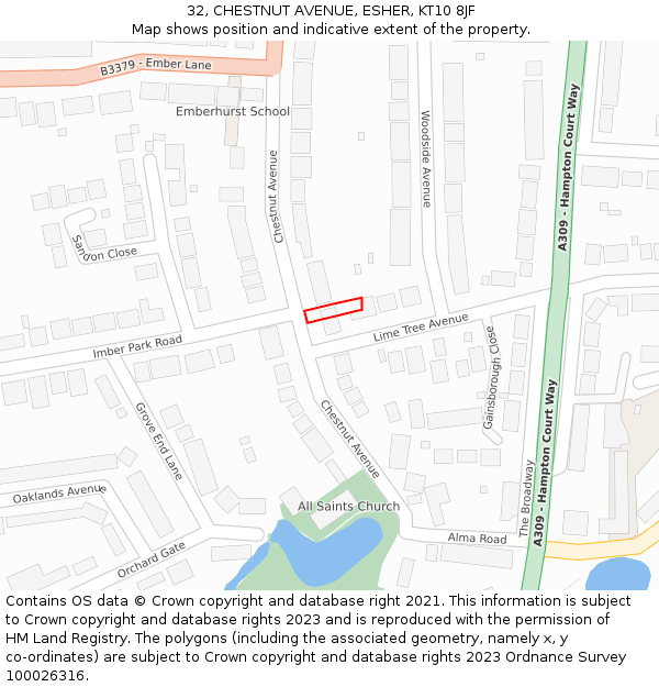 32, CHESTNUT AVENUE, ESHER, KT10 8JF: Location map and indicative extent of plot