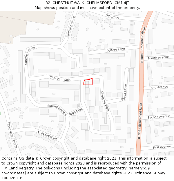 32, CHESTNUT WALK, CHELMSFORD, CM1 4JT: Location map and indicative extent of plot