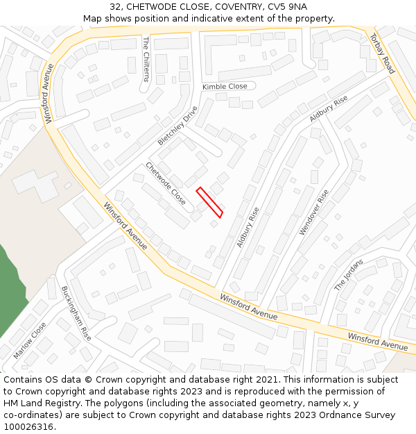 32, CHETWODE CLOSE, COVENTRY, CV5 9NA: Location map and indicative extent of plot