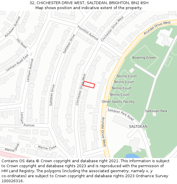 32, CHICHESTER DRIVE WEST, SALTDEAN, BRIGHTON, BN2 8SH: Location map and indicative extent of plot